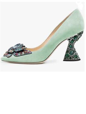 YDN Green Suede Butterfly Pumps Colorful Crystal High Heels Studded Slip On Shoe